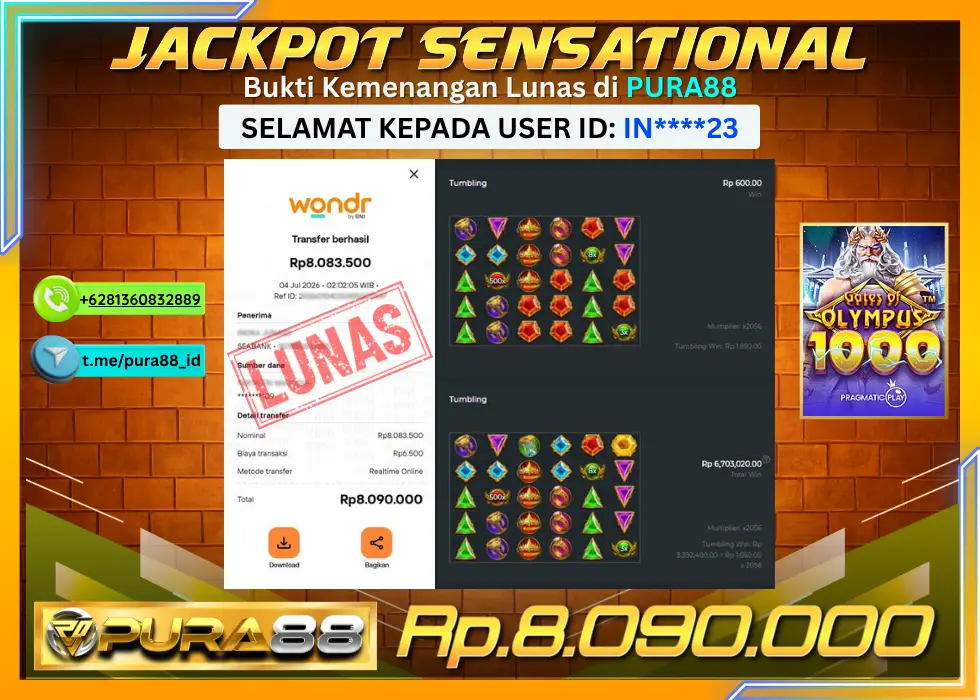 PURA88 JACKPOT GATES OF OLYMPUS 1000 Rp 8.090.000,- LUNAS